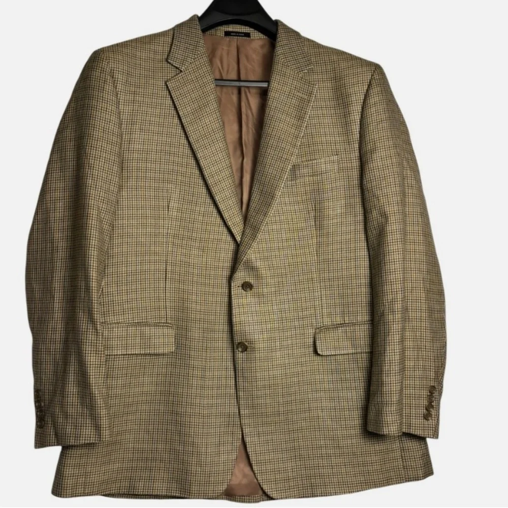 Chaps 100% Silk Blazer Men's 48L Tan Blue Brown Houndstooth Jacket Sport Coat